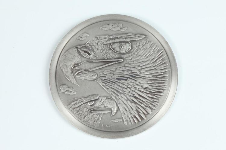 Raymond Joly comparable auction result: raymond joly french 1911 2006 eagle copper relief medallion coated in silver no 8 100 obverse a young eagle spreads his short w