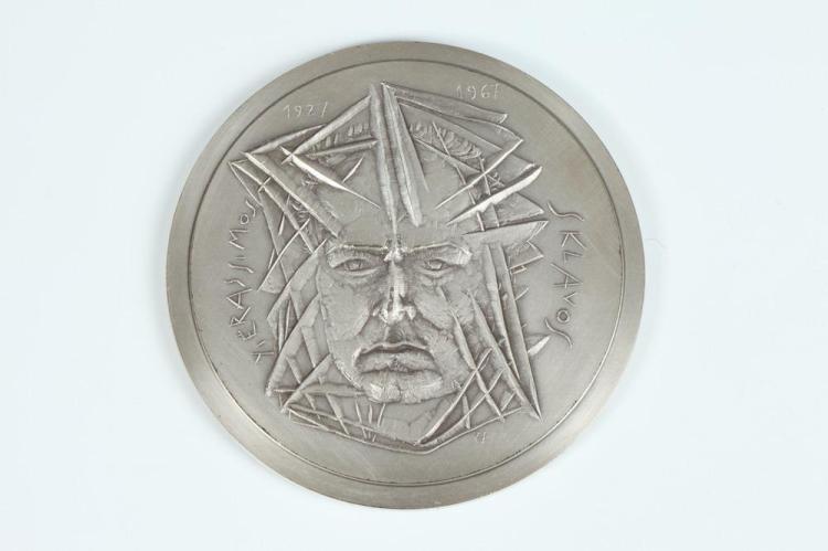 Raymond Joly comparable auction result: raymond joly french 1911 2006 sklavos pure copper with special patina relief medallion no 4 100 obverse the face of the greek s