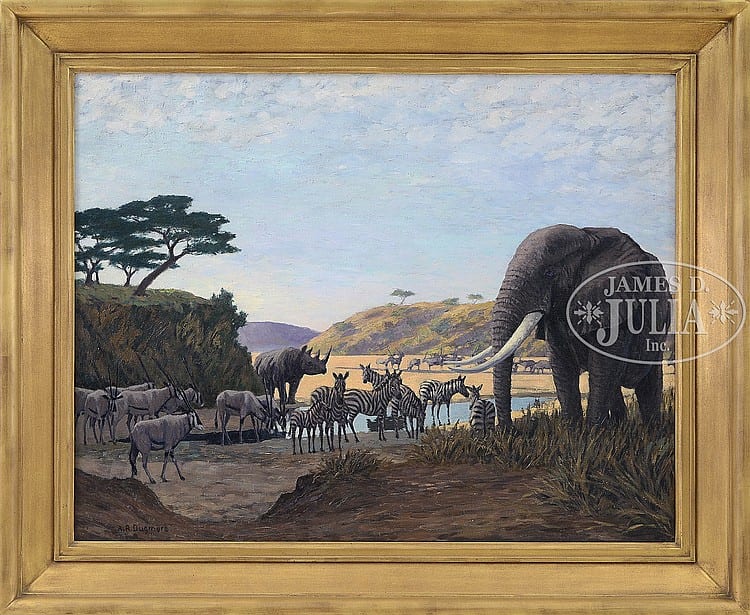 Arthur Radclyffe Dugmore comparable auction result: arthur radclyffe dugmore american 1870 1955 african water at dawn elephants oryx zebra rhino