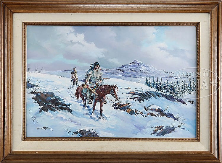 ALBERTO RUIZ VELA (American, 1920-2006) NATIVE AMERICANS IN WINTER LANDSCAPE. sold by James D. Julia, lot 1611 — auction record photograph
