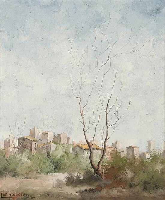 leonardo de magistris italian b 1933 town with barren tree in foreground signed and dated 69 lower left oil on canvas · Sloans & Kenyon · 2008-02-09 Leonardo de Magistris comparable auction result: leonardo de magistris italian b 1933 town with barren tree in foreground signed and dated 69 lower left oil on canvas