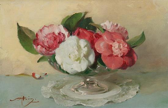 Alfred-Georges Hoen comparable auction result: alfred georges hoen french 1869 1954 pink and white camellias in glass compote signed lower left oil on canvas