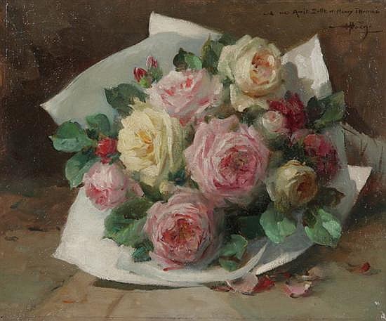 Alfred-Georges Hoen comparable auction result: alfred georges hoen french 1869 1954 pink and yellow rose bouquet in paper wrap signed upper right and inscribed to my friends