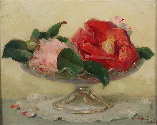 Alfred-Georges Hoen comparable auction result: alfred georges hoen french 1869 1954 two camellias in glass compote signed lower right oil on panel