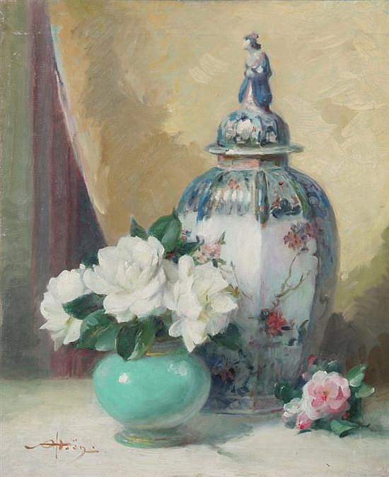 Alfred-Georges Hoen comparable auction result: alfred georges hoen french 1869 1954 chinese ginger jar with camellias in green vase signed lower left oil on canvas