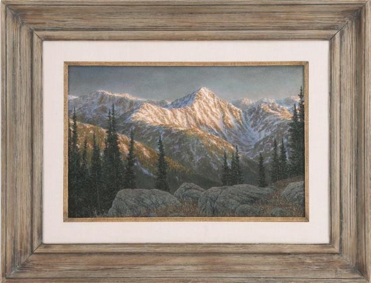 James Disney comparable auction result: james disney colorado b born 1939 morning glow oil on masonite 12 x 18 framed 21 x 27