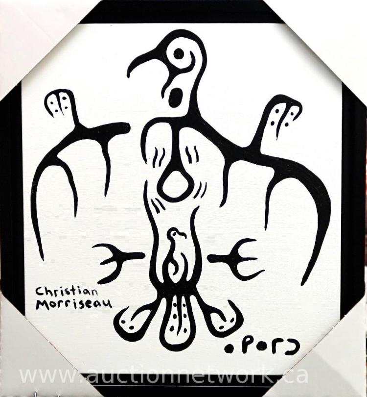 Christian Morrisseau (1969-) Broken Bird with Healing. Signed in Cree Syllabics. Acrylic in canvas. 23.5 inches by 19 inches. Provenance: Artist's Studio/Auction Network Building/Markham, Ontario. Appraised: $2,150.00. sold by Auction Network, lot 24 — auction record photograph