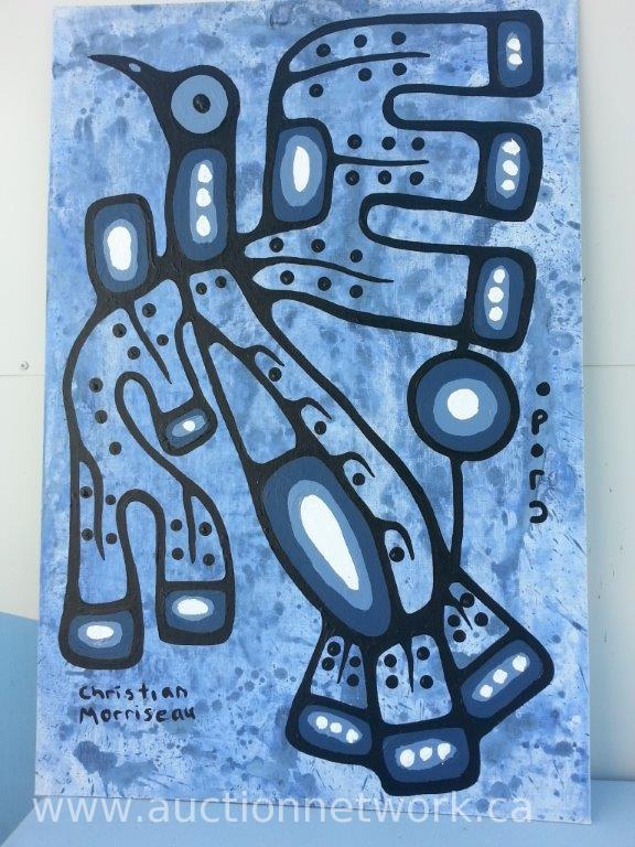 Artist: Christian Morrisseau (1969-) Title: 'Copper Thunder Norvals Spirit Going Home" Signed in Cree Syllabics and English. Signed in English and dated au verso. Titled au verso. Medium: Acrylic on Board. Size: 36" x 24". Estimated: $1000.00-$1800.00 sold by Auction Network, lot 29 — auction record photograph