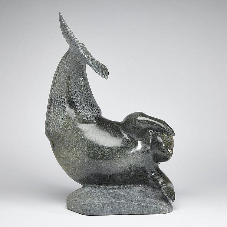 Jaco Ishulutaq comparable auction result: jaco ishulutaq 1951 swimming sedna with inset teeth stone antler 18 25 x 12 x 9 25 46 4 x 30 5 x 23 5 cm