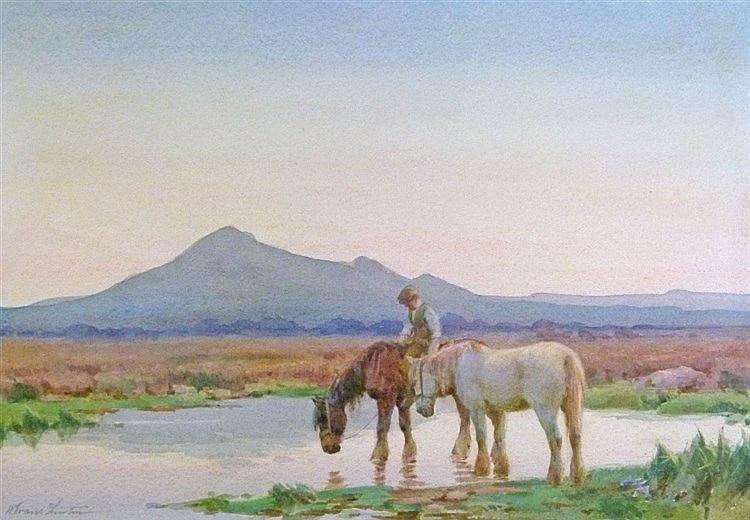 William Evans Linton comparable auction result: william evans linton 1878 1941 watercolour landscape with horses at a pond signed 26cm x 37c