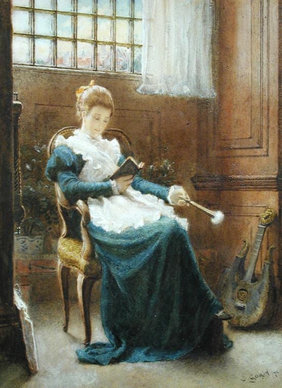 Charles Gogin comparable auction result: charles gogin english 1844 1931 a young girl reading and holding a fan a lyre beside her signed lower right c gogin 76