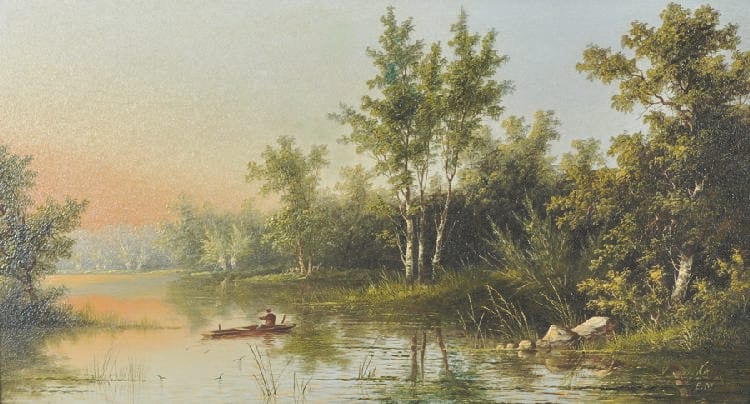 Edwin Masters comparable auction result: edwin masters 19th century british a tranquil river landscape with a man fishing from a boat oil on canvas signed with initials in a good gilt composition frame 10 x 18