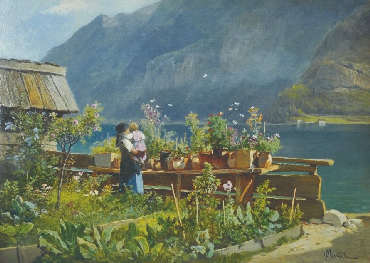 Leopold Munsch comparable auction result: leopold munsch 1826 1888 austrian idyll on lake hallstatt with a mother and child in a garden oil on panel signed unframed 11 5 x 16