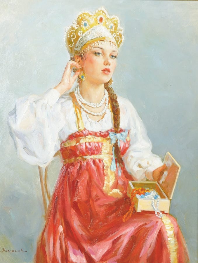 Vladislav Nagornov comparable auction result: vladislav nagornov 1974 russian a young girl in costume with a jewellery box oil on canvas signed and inscribed on the reverse 14 x 10 75