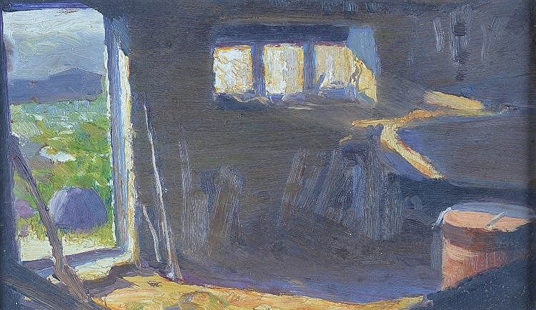 Donald Wood comparable auction result: donald wood british 1889 1953 interior of a barn oils on boa