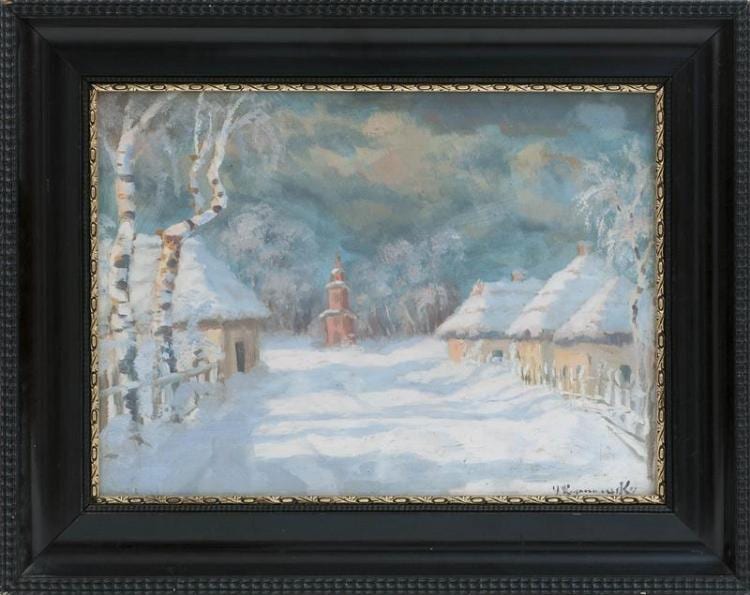 Jakob Koganowsky comparable auction result: jakob koganowsky austrian 1874 1926 a snow filled street oil on board 12 x 16 framed 16 x 20