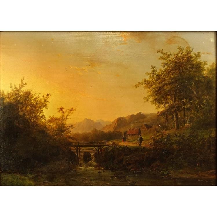 J. B. Klombeck comparable auction result: johann bernard bernhard klombeck belgian 1815 1893 oil on wood panel landscape with figures walking near a river at dusk circa 1867