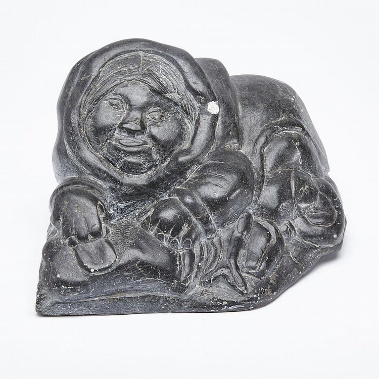 Simeonie Weetaluktuk comparable auction result: simeonie weetaluktuk 1921 woman scraping skin with ulu stone 4 75 x 7 5 x 6 5 12 1 x 19 1 x 16 5 cm