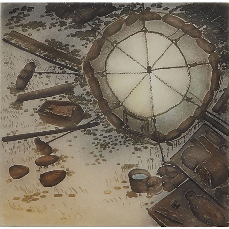Suvinai Ashoona comparable auction result: suvinai ashoona 1961 camp site moored etchings and aquatint unframed 5 75 x 5 75 14 6 x 14 6 cm 2 pieces