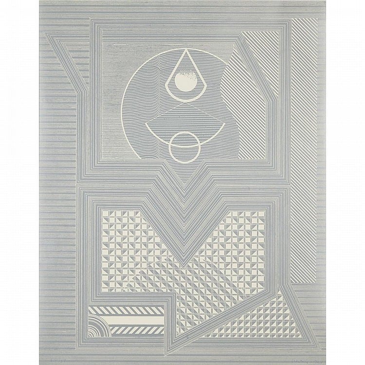 Michael William Morris (1942 -), UNTITLED, 1967, Silvered colour silkscreen; signed, dated 1967 and numbered 34/50 in blue pen and ink along the bottom edge of the image, Image sight 28" x 22" — 71.1 x 55.9 cm. sold by Waddington's, lot 37 — auction record photograph