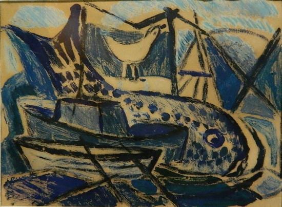 Elsa  Russell comparable auction result: elsa mary russell 1909 1997 whale amongst fishing boats oil on paper