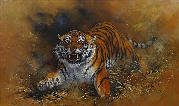 Anthony Gibbs comparable auction result: anthony gibbs b 1951 a ferocious tiger signed and dated 77 oils on canvas 59 x 100cm