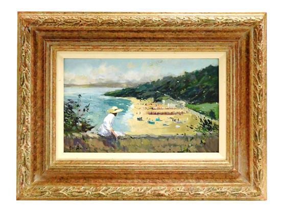 John Ambrose comparable auction result: john ambrose british 1931 2010 oil on board girl on wall no 450 depiction of female figure dressed in white and wearing a