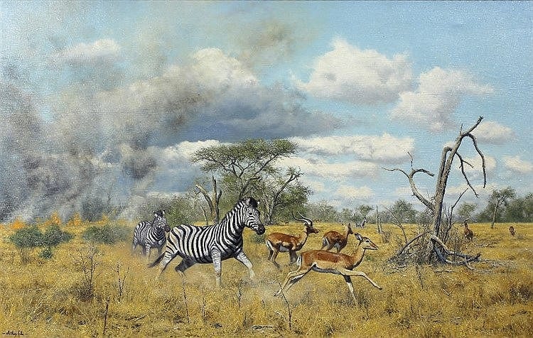 Anthony Gibbs comparable auction result: anthony gibbs b 1951 zebra and impala escaping a bush fire signed