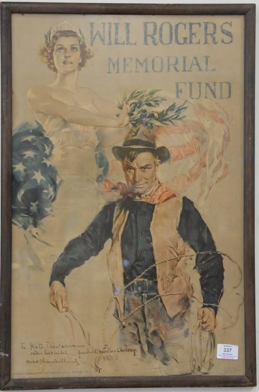 Howard Chandler Christy (1873-1952), colored lithograph, Will Roger Memorial Fund, signed in poster and signed and dated in ink lowe... sold by Nadeau's Auction Gallery, lot 337 — auction record photograph