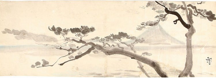 AN INK PAINTING ATTRIBUTED TO TSUGUHARU FOUJITA (1886-1968) 20th Century. A landscape with pine tree against the lake, in ink and slight colour on paper, signed Tsuguharu in Japanese, 88 x 32cm. Provenance: Gift of Madame Kimiyo Foujita in late 1980s, thence by descent to the present owner. Like many of the iconic Modernist artists of the early 20th Century, Foujita was drawn to Paris, arriving in 1913 after graduating from the Tokyo University of Fine Art. At the same time as Chinese artists in Paris such as Xu Beihong, Lin Fengmian and Sanyu were creating a new visual language based on a dialogue between Chinese ink art and European Modern art, Foujita forged his own unique stylistic innovations applying traditional Japanese ink and brush with an oil-primed canvas. After a successful solo exhibition at Salon d'Automne, Foujita quickly gained a reputation as a figurative artist. Back in Japan, however, where he returned before the outbreak of World War Two, Foujita was little known, and was much criticised by his pacifist peers for work he undertook as a war artist under the employ of the Japanese government in 1939. It was during the war that Foujita reconnected with sumi-e (traditional Japanese ink and brush painting). Fine examples of his works in the medium are illustrated in Buisson La Vie et L'Oeuvre de Foujita, 1987, p.442. In the final days of the war, the artist evacuated to a small village in Kanagawa and is said to have visited a fellow artist who stayed in a boathouse near the Sagami Lake, the possible location in which the present landscape was painted. The present lot, with its gnarled pines and open spaces (yohaku), perhaps reflects the inner turmoil of the artist at this difficult time. He left his homeland in 1948 never to return. ? ?????????? sold by Chiswick Auctions, lot 546 — auction record photograph