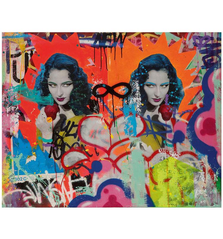 INDIE184 comparable auction result: indie 184 n e en 1980 rtemptations 2014rmixed media and collage on canvas signed titled and dated on the reverser31 1 2 x 39