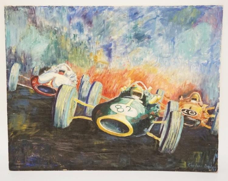 CHARLENE BOYLE OIL PAINTING ON CANVAS PANEL OF THE 1965 INDIANAPOLIS 500 INCLUDING THE WINNER #82 JIM CLARK, #16 LEN SUTTON, AND #1 A.J. FOYT. SIGNED AND DATED 1965 LOWER RIGHT. 27 3/4 X 22 INCHES. sold by Dennis Auction Service, lot 1362 — auction record photograph