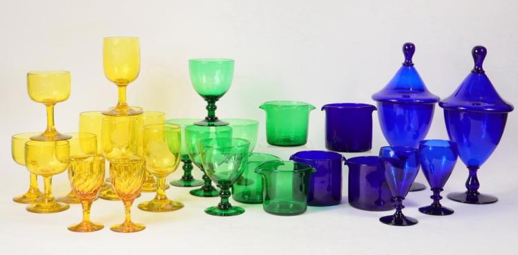 ASSORTED GLASSWARE - (27) Pieces of Early Colored Glassware, including: Pair of antique blown cobalt glass covered urns, polished pontil bases, glass has minor bubbles and imperfections, 13 3/8" high, 6" diameter, bas... sold by Thomaston Place Auction Galleries, lot 634 — auction record photograph