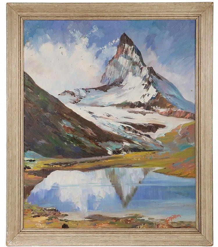tom gilfillan uk active 1932 1940 materhorn oil on canvas signed lower right in bleached molded frame os 34 x 29 ss 29 1 2 x 24 1 2 good condition · Thomaston Place Auction Galleries · 2016-11-20 Tom Gilfillan comparable auction result: tom gilfillan uk active 1932 1940 materhorn oil on canvas signed lower right in bleached molded frame os 34 x 29 ss 29 1 2 x 24 1 2 good condition