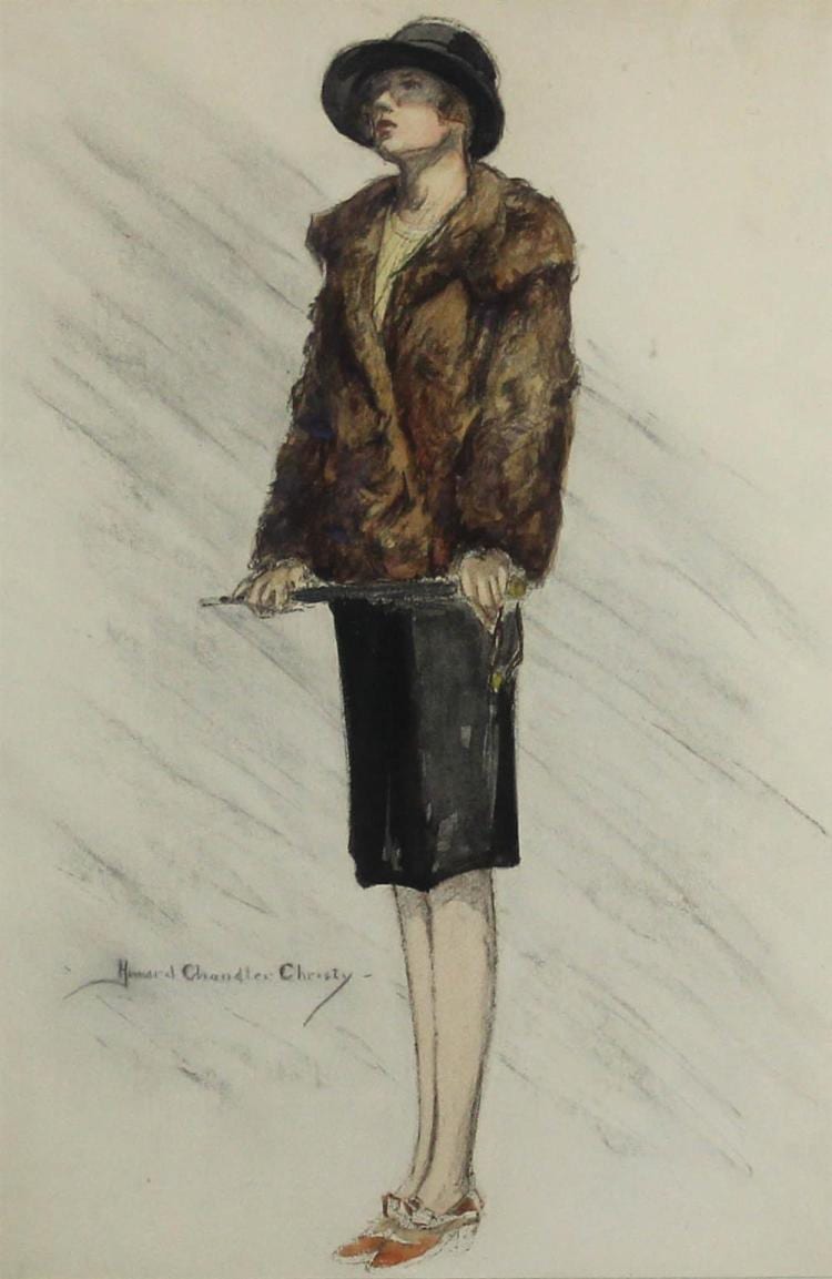 HOWARD CHANDLER CHRISTY (AMERICAN, 1873–1952) FASHION DRAWING Watercolor on paper: 19 1/2 x 13 in. (sight) sold by Potomack Company, lot 181 — auction record photograph