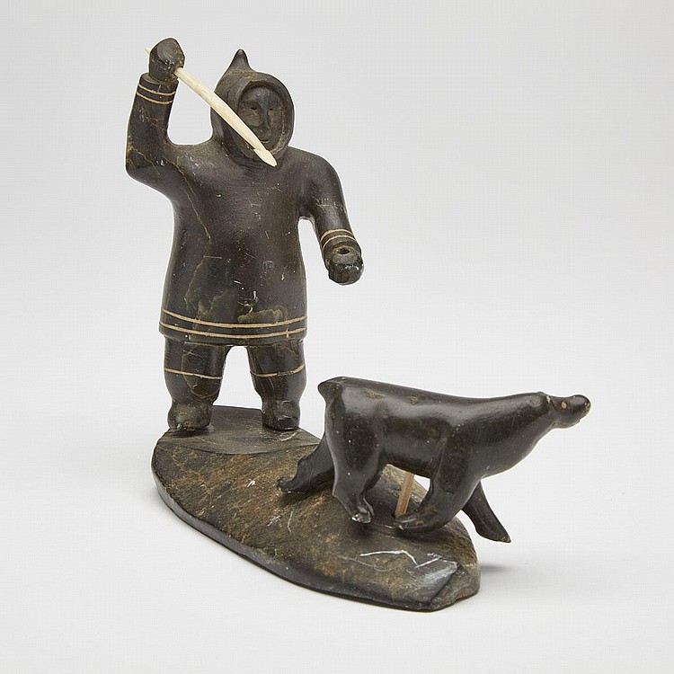 Akeeaktashuk comparable auction result: akeeaktashuk 1898 1954 hunter confronting polar bear stone soap inlay 5 5 x 6 5 x 2 5 14 x 16 5 x 6 4 cm