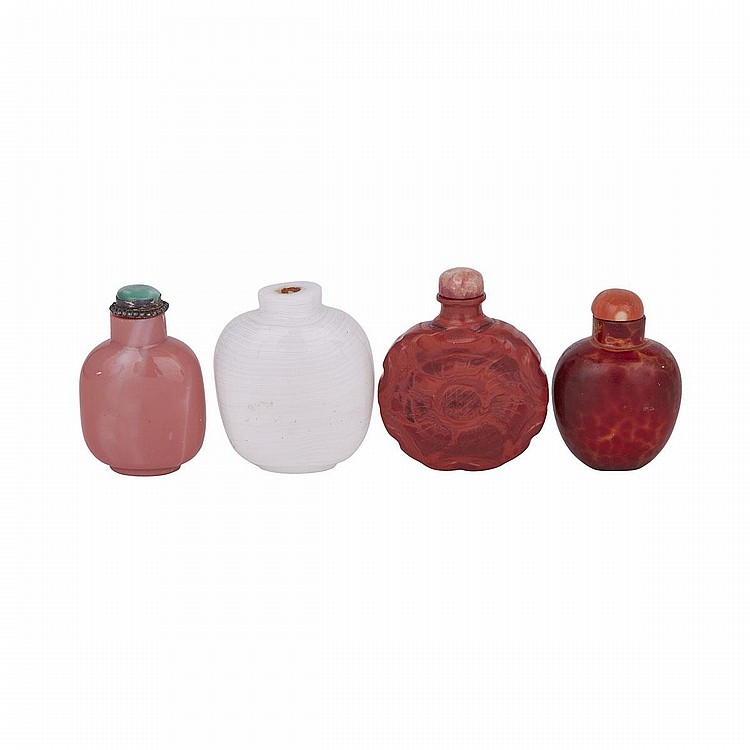A Group of Four Peking Glass Snuff Bottles, 19th Century, 清十九世紀 京料鼻煙壺四件, tallest height 2.6" — 6.5 cm. (4 Pieces) sold by Waddington's, lot 193 — auction record photograph