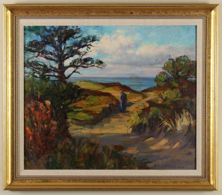 mildred c jones 1899 1992 ma beach walk oil on canvas landscape scene of a figure walking along a beach path among foliage · Pacific Galleries · 2016-11-12 Mildred C Jones comparable auction result: mildred c jones 1899 1992 ma beach walk oil on canvas landscape scene of a figure walking along a beach path among foliage