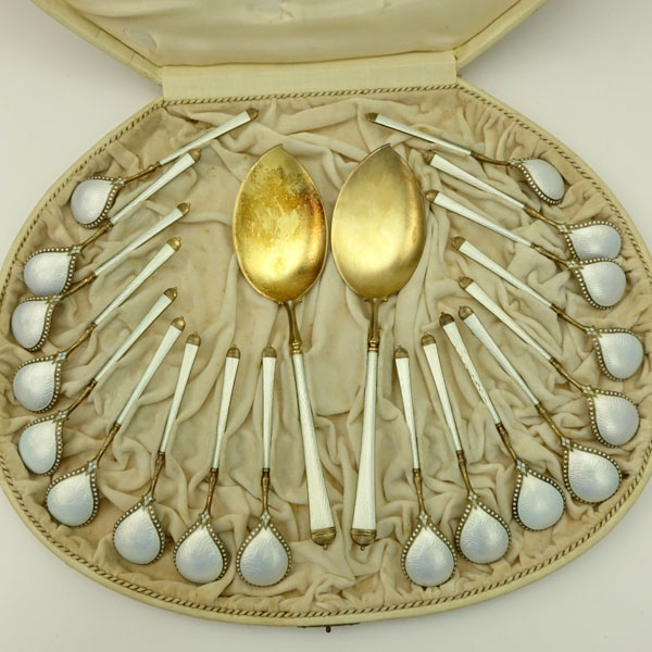 Early 20th Century Norwegian David Andersen Twenty (20) Piece Sterling Silver and Enamel Ice Cream Set In original Fitted Box sold by Kodner Galleries, lot 36 — auction record photograph