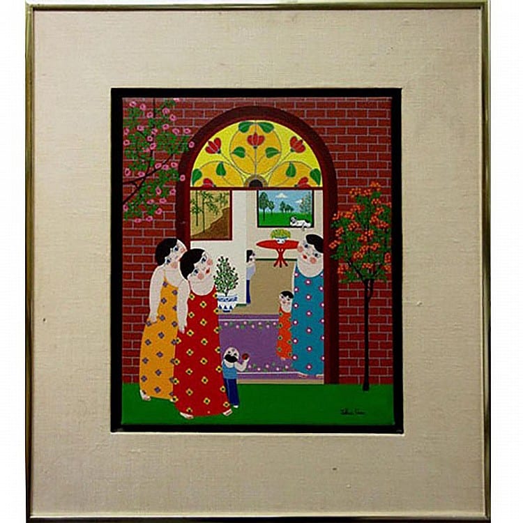 John Lim comparable auction result: john lim canadian 1932 friends acrylic on canvas signed lower right signed titled and dated 1989 verso titled to gallery label 12 x 10 30 5 x 25 4 cm