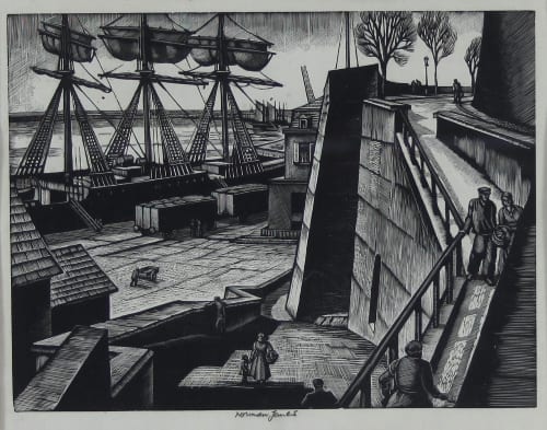 Norman Jaques comparable auction result: norman jaques british 1926 2014 harbour scene signed woodcut 19cm x 25 5cm
