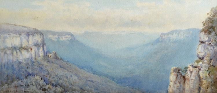 Lionel David comparable auction result: lionel david 20th century australian the blue gum mountains australia watercolour signed and inscribed on the reverse 8 x 18
