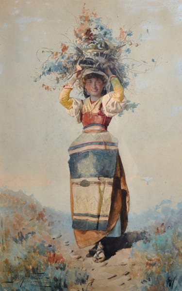 Domenico de Angelis comparable auction result: domenico de angelis 1852 1904 italian an italian girl standing in a landscape with kindling on her head watercolour signed and inscribed roma 20 25 x 12 75
