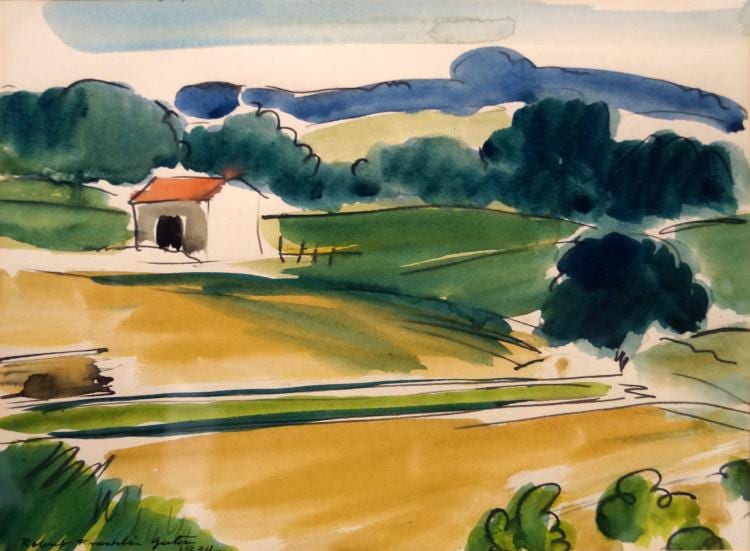 Robert Franklin Gates comparable auction result: robert franklin gates american 1906 1982 ink and watercolor on paper landscape signed 1934 sight 8 x 10 framed and glazed 15 1 2 x 16 1 2