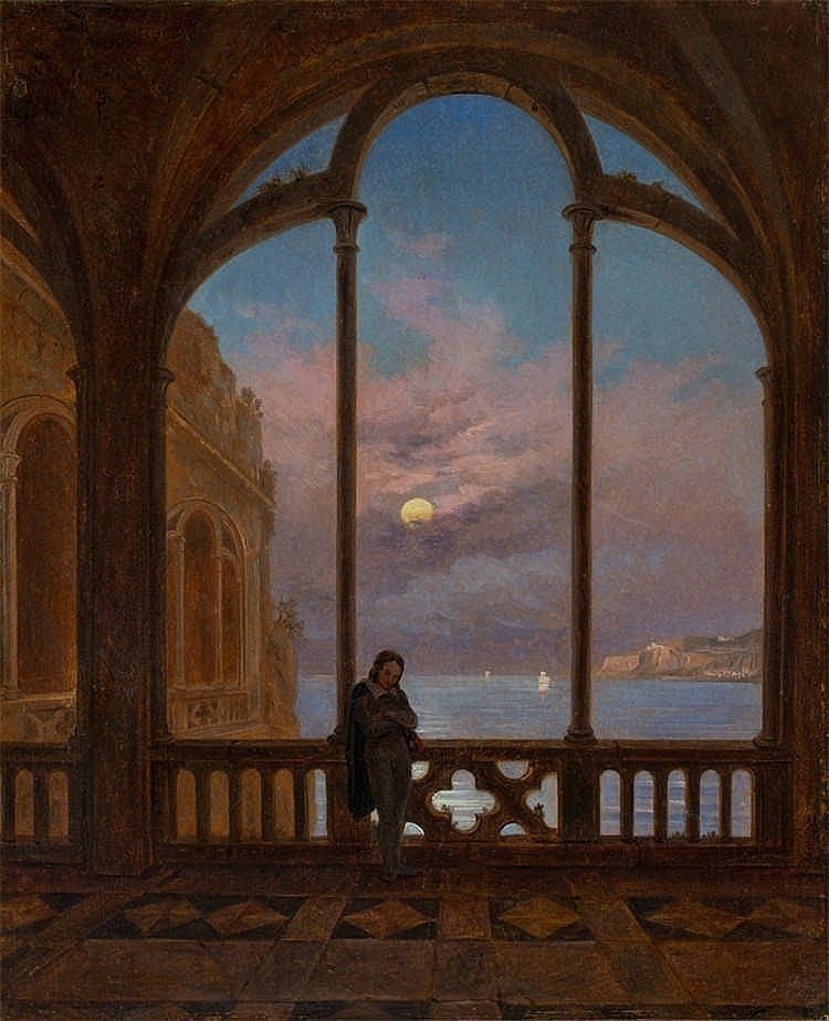 Carl Gustav Carus comparable auction result: carl gustav carus mondnacht am italienischen meer mit einem versunkenen leser am gotischen fenster