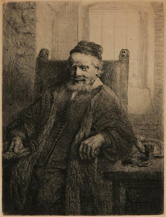 Auction comp thumbnail for Rembrandt Harmenszoon van Rijn (Dutch 1606-1669), Jan Lutma Goldsmith (Hind 290), Framed Etching with Drypoint and Engraving, 7-3/4 x 6 (Weschler's, Lot 307)