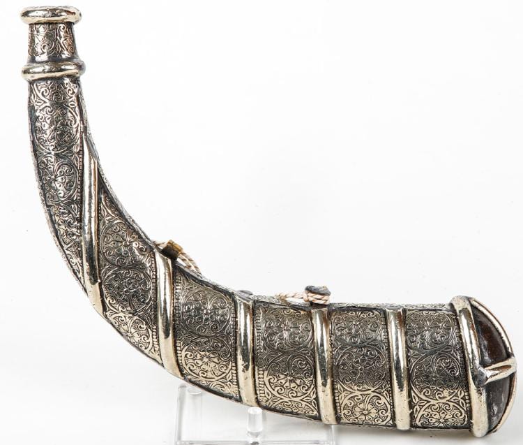 A FINE SILVER OTTOMAN EMPIRE POWDER FLASK sold by Goldberg Coins & Collectibles, lot 126 — auction record photograph