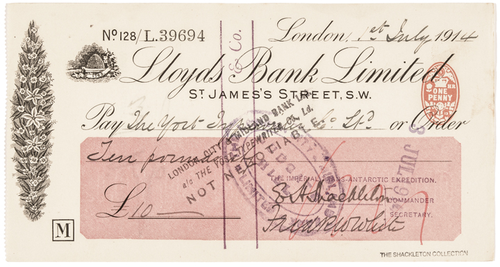 1914 Antarctic Explorer ERNEST H. SHACKLETON Autograph Signed Check Rarity sold by Early American History Auctions, lot 74 — auction record photograph
