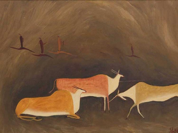 Simon Moroke Lekgetho comparable auction result: simon moroke lekgetho sa 1929 1985 oil bushman eland painting signed dated 69 30 x 45