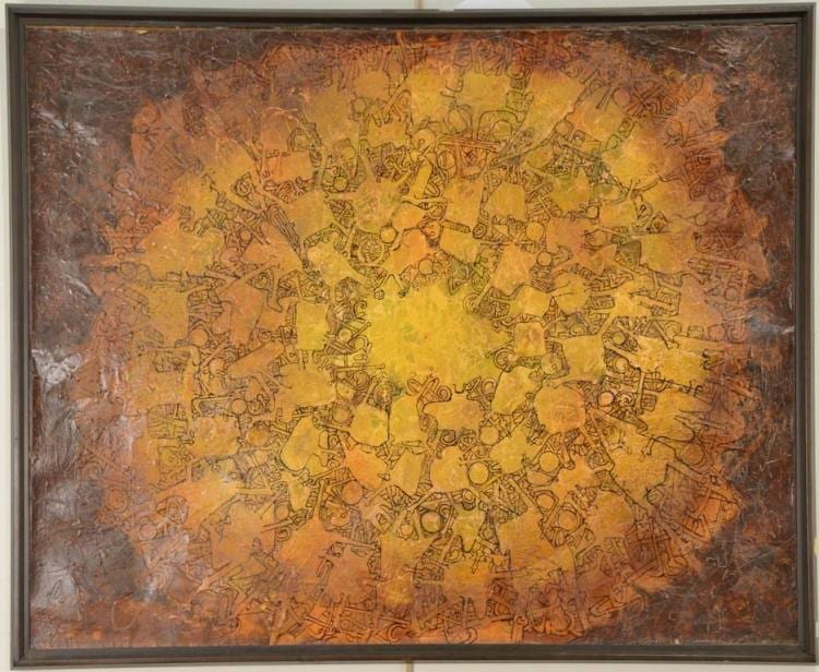 Josaku Maeda comparable auction result: josaku maeda 1926 2007 mixed media on paper on burlap abstract similar to jardin des delices no 7 signed top right j maeda